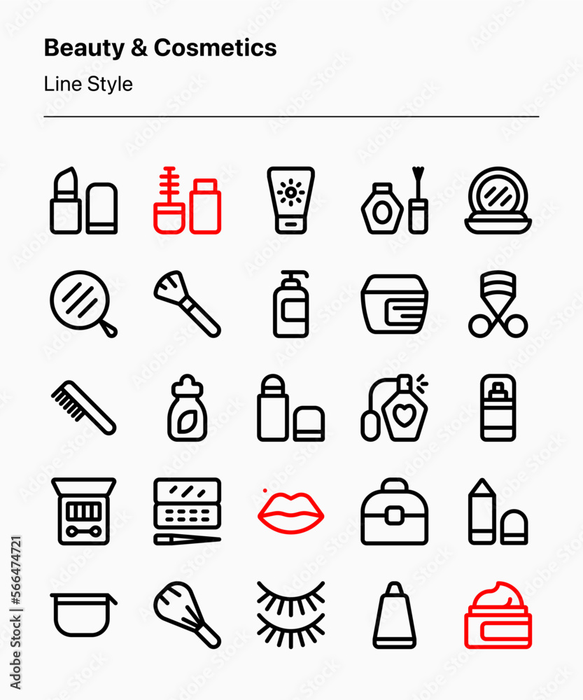 Customizable set of beauty and cosmetic icons consisting of different kinds of makeup items. Perfect for businesses, ecommerce, marketplaces, product catalogs, ads and marketing, etc