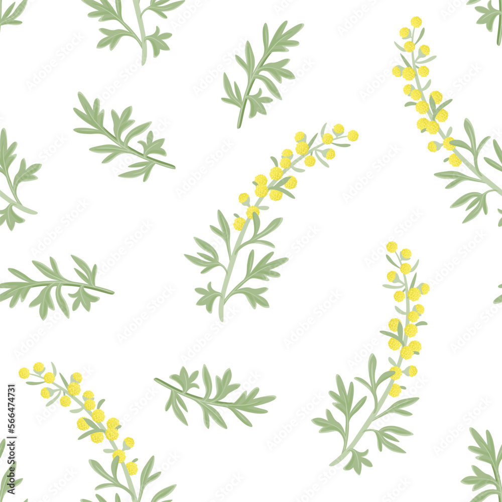 Botanical background with field wild herbs. Wormwood with yellow flowers and green leaves. Floral seamless pattern. Vector cartoon illustration of medical plant.