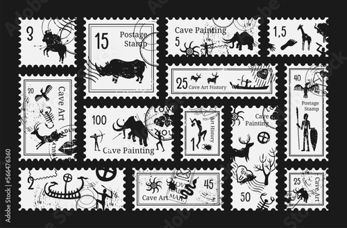 Cave art stamp ancient history painting black grunge vintage postmark set vector illustration