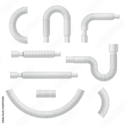 Corrugated tubes hose connections various shape curved plastic pipes set realistic vector