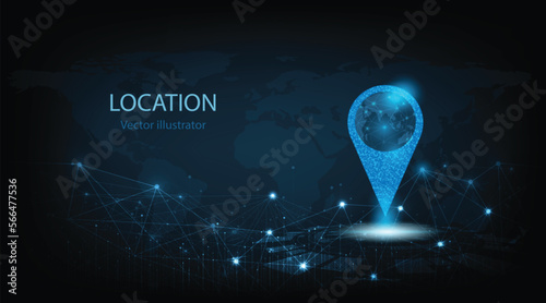 Concept of Gps technology background.Vector pin icon Gps on dark blue background.Travel way concept.Find trip, Geo pinpoint.Location navigator vector illustration.