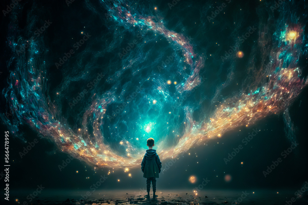 A child looks into a portal leading to nebula supernova