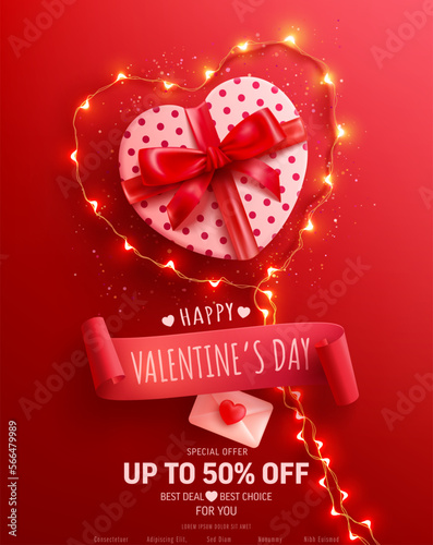 Happy Valentine's Day Sale Poster or banner with Heart Shaped Gift Box and symbol of heart from LED String lights on Red. Promotion and shopping template for Love and Valentine's day concept.