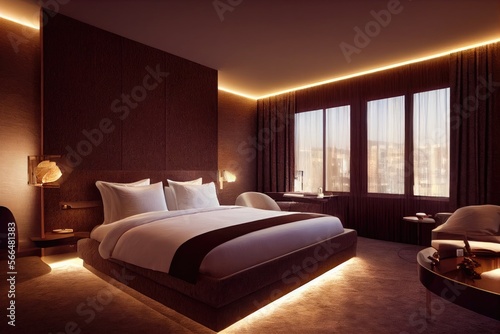 Luxury modern style bedroom  Interior of a hotel bedroom. Generative AI illustration