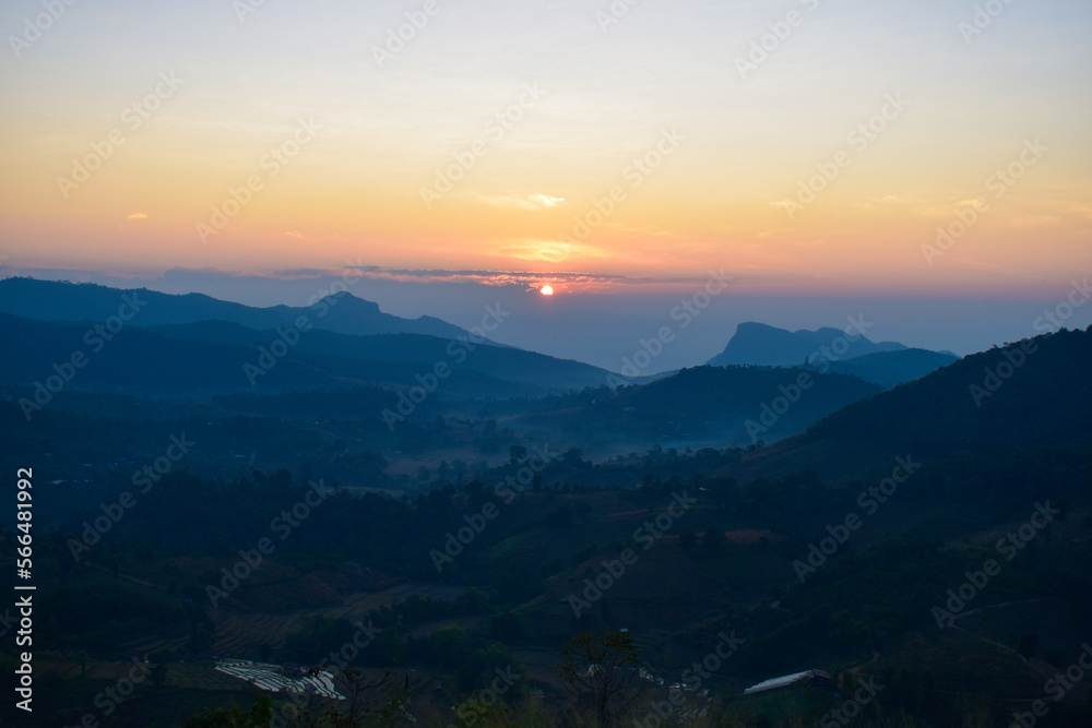 Scenery top view of the mountains in an early morning in Tambon Ban Pae, Chiang Mai, Thailand. December 2022.