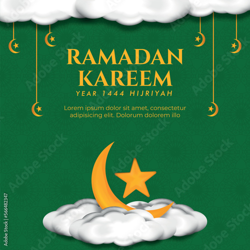 poster, social media post, banner, greeting card for Muslim holidays ramadan, eid al fitr, idil adha, with 3D ornament moon stars, podium and clouds photo