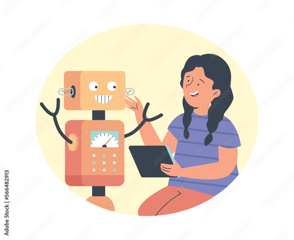 Child playing with smart robot flat vector illustration isolated on white. Child playing with smart robot flat vector illustration isolated on white.