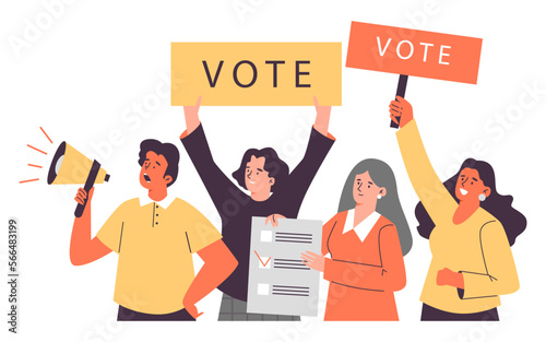 People voting holding ballot box and calling for vote, flat vector isolated.