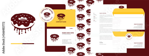 Donut with melted dripping cream logo, business card, and branding template on isolated background