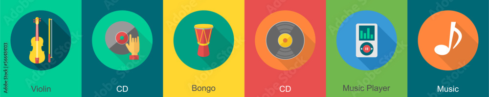A set of 6 music icons as violin, cd, bongo