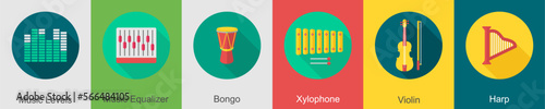 A set of 6 music icons as music levels, music equalizer, bongo