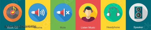 A set of 6 music icons as music cd, volume, mute