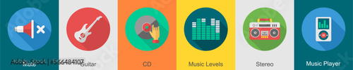 A set of 6 music icons as mute, guitar, cd