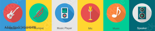 A set of 6 music icons as guitar, trumpet, music player