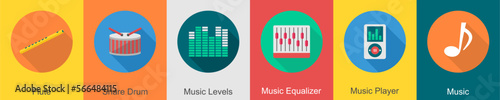 A set of 6 music icons as flute, snare drum, music levels