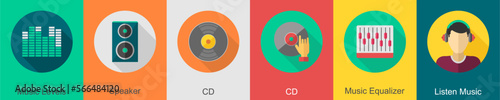 A set of 6 music icons as music levels, speaker, cd