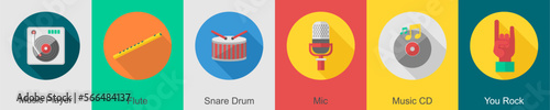 A set of 6 music icons as music player, flute, snare drum