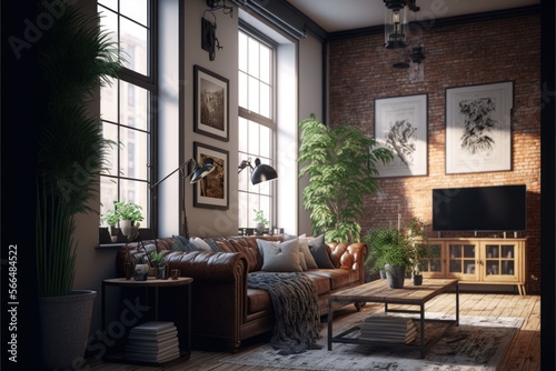Living Room Interior Design Industrial Elegance Series: White brick walls, raw wood surfaces and exposed ductwork, with a touch of black metal detailing. Generative AI 