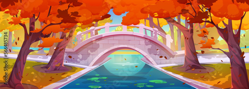 Autumn park landscape with bridge over pond, grass and trees with orange foliage. Forest or garden with stone bridge and river or canal in fall, vector cartoon illustration