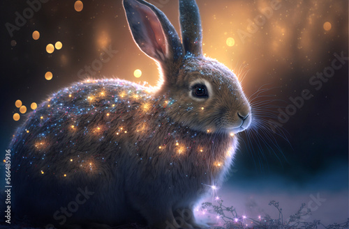 Magic festive rabbit covered in glowing lights in a winter scene and blur background. Generative AI. © BunpaengArt