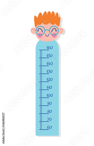 Children height chart with boy. Health care and performance measurement. Poster for childrens room, centimeter and ruler for size measure. Cartoon flat vector illustration