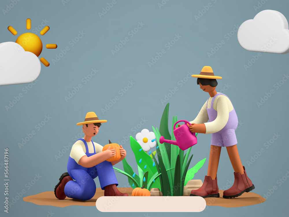 3d Cartoon Farmer watering flowers