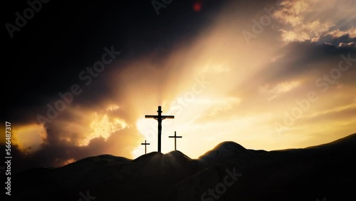 The brightly shining sky and the rays of light shining through the flowing clouds and the silhouette of the holy cross symbolizing the suffering, death and resurrection of Jesus Christ
 photo
