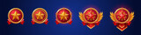 Cartoon set of gold game badges of different rank isolated on dark blue background. Vector illustration of round medals with star, red ribbon and golden metal textures. Collection of level awards