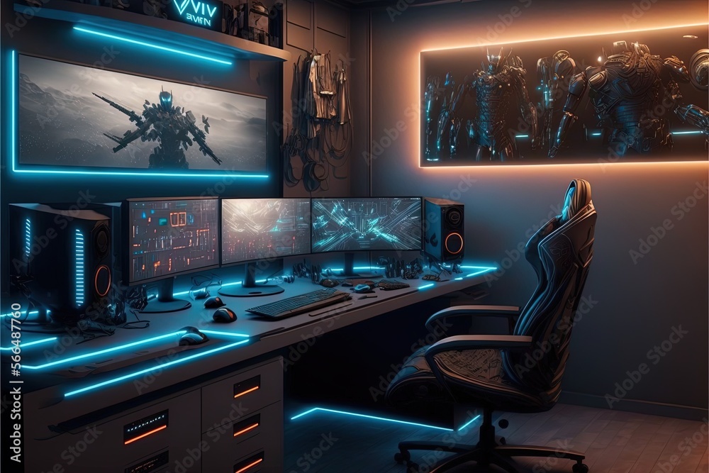 Spectacular gaming room interior, gaming pc, gaming desk, game setup room,  tv, desk for five People, futuristic, LED lights, cyberpunk color.  Generative AI Stock Illustration | Adobe Stock