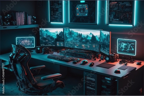 Spectacular gaming room interior, gaming pc, gaming desk, game setup room,  tv, desk for five People, futuristic, LED lights, cyberpunk color.  Generative AI 23538929 Stock Photo at Vecteezy