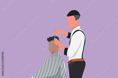 Graphic flat design drawing barber shop client, which is getting his perfect haircut from classy dressed stylist, calm down and waiting for result. Success business. Cartoon style vector illustration