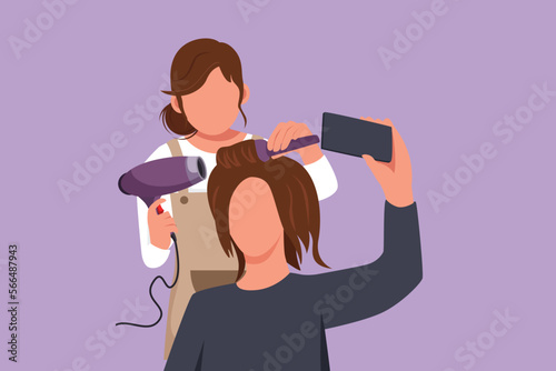 Cartoon flat style drawing beautiful young girl taking picture with smartphone and stylist. Going for change of style, discussing hairstyling with her hairdresser. Graphic design vector illustration