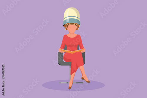 Graphic flat design drawing young woman with old hair dryer reads newspaper or magazine pop art and waiting for result. Hair style beauty concept. Success barbershop. Cartoon style vector illustration