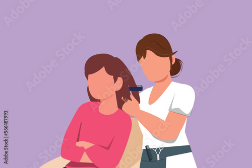 Character flat drawing going for change of style. Beautiful woman discussing hairstyling with her hairdresser holding scissors while sitting in hairdressing salon. Cartoon design vector illustration