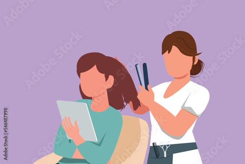 Graphic flat design drawing young woman sitting in beauty hair salon style, reading magazine and waiting for result. Hair style beauty and success business concept. Cartoon style vector illustration