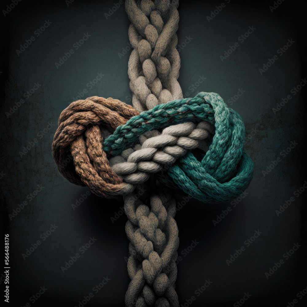 Multi colored ropes coming together to form a knot, concepts of ...