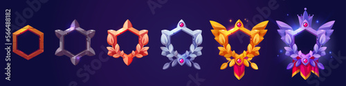 Fantasy hexagon frames of game avatars. Award ranking wooden, stone, bronze, silver and gold badges with laurel borders, gems, crown and red pennant, vector cartoon set isolated on background