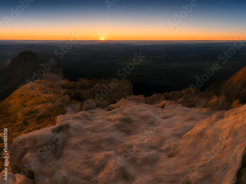 a panoramic view of a natural wonder, with the sun rising over the horizon