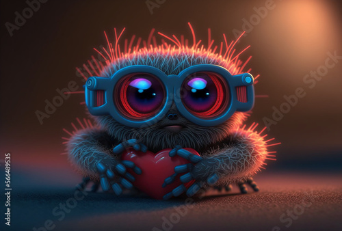 Cute little fluffy monster holding a heart. Valentines day concept. Generative AI