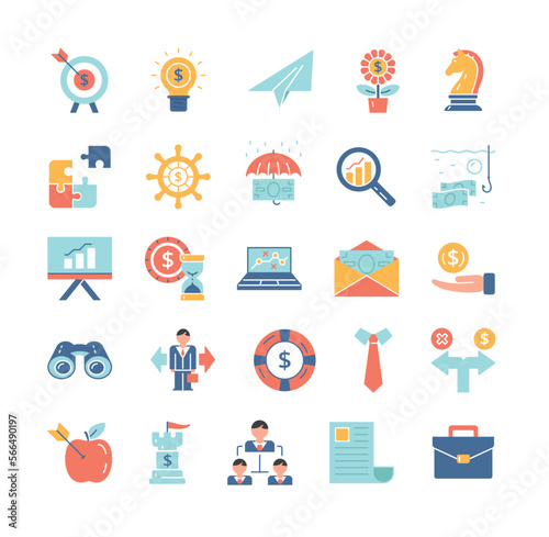 Color business strategy icons set. Collection of graphic elements. Planning and setting goals, organizing effective workflow, management. Motivation and leadership. Cartoon flat vector illustration