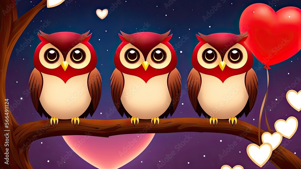 Obraz premium Illustration of cute owls and hearts