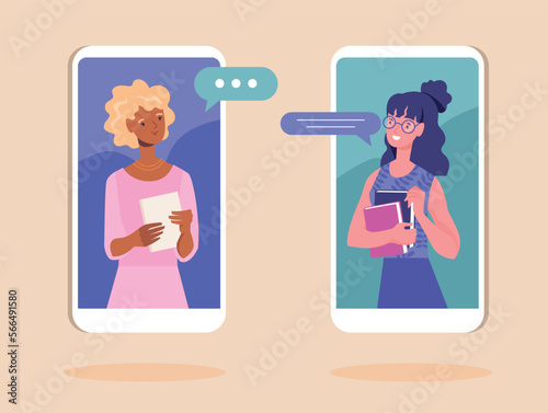 Video call conversation. Communication in social networks and instant messengers. Two women on smartphone screen, girlfriends and students. Internet discussion. Cartoon flat vector illustration