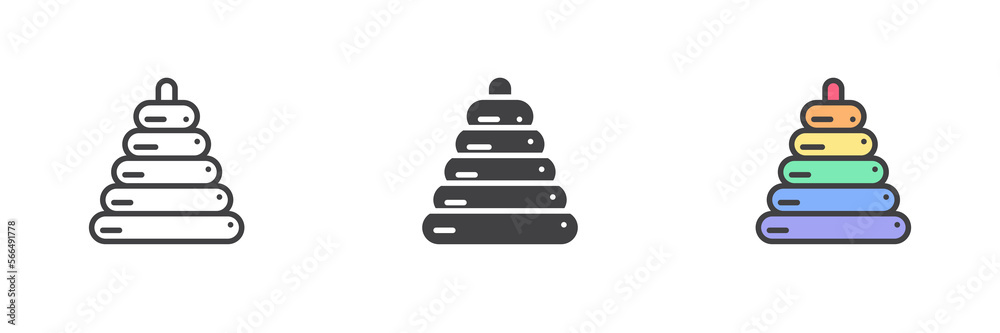 Ring pyramid toy different style icon set Ring pyramid toy different style icon set