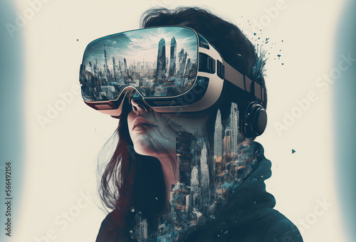 Portrait of a young girl, a woman with VR glasses immersed in virtual reality. Double exposition of big city skyscrapers, metropolis, surrealistic background.  3D rendering. AI generated
