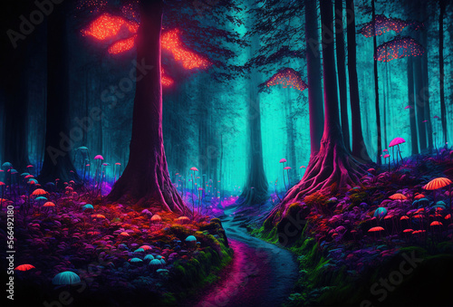 A fairytale forest  a surreal  mystical landscape. The dark trees are illuminated by multicolored psychedelic neon light. A mysterious path through the thicket. 3D rendering. AI generated.
