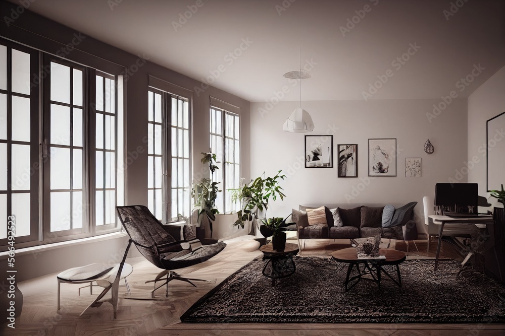 Fototapeta premium mock up poster frame in boho interior background, wooden living room design, Scandinavian style. Generative AI illustration