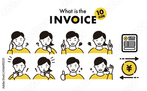 リアクションをするフリーランスの男女の人物イラストとお金や適格請求書のインボイス制度のアイコンセット__白背景黄色_ベクター素材