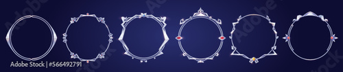Empty circle silver frames in medieval style for game ui design. Vector cartoon set of user interface elements with iron metal thin border, decorated with gems isolated on background