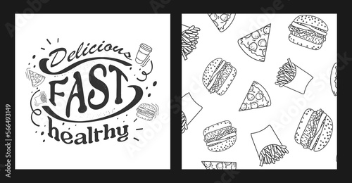 a set with seamless patterns for fast food. Vector poster with the inscription pizza, burgers, coffee, Coca Cola, French fries