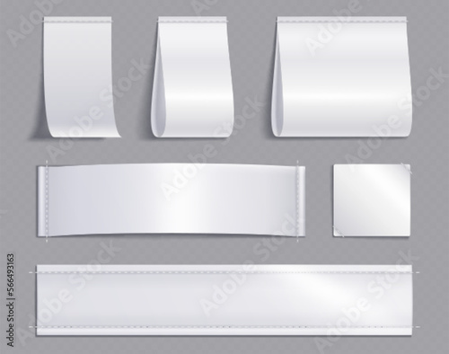 Blank clothes tags, fashion labels with seams. Empty white fabric badges for shirts, dresses and apparel with stitches isolated on transparent background, vector realistic set